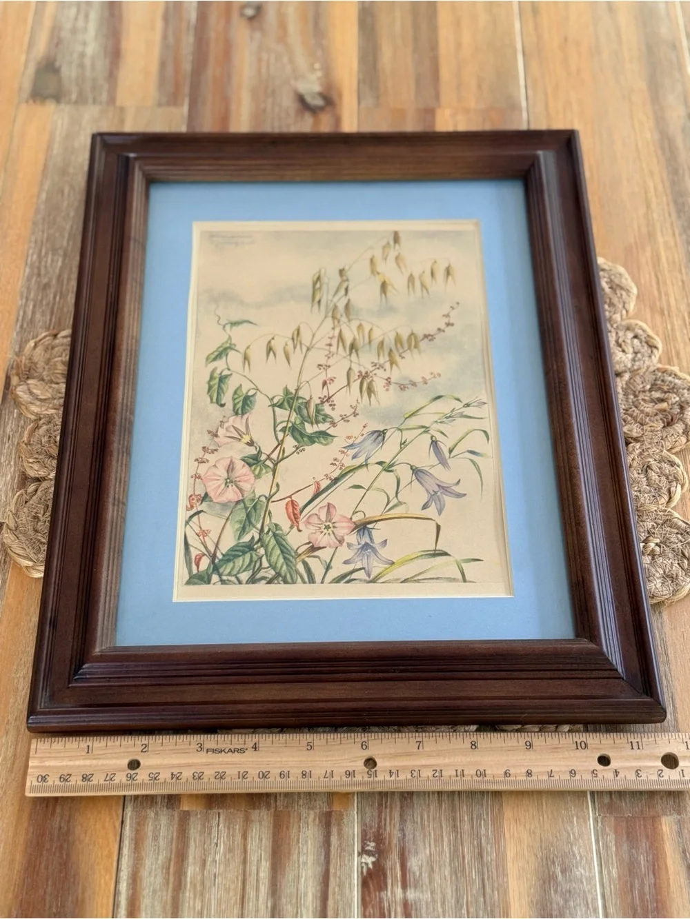 Framed Botanical Print with Blue Mat in Warm Wood Frame